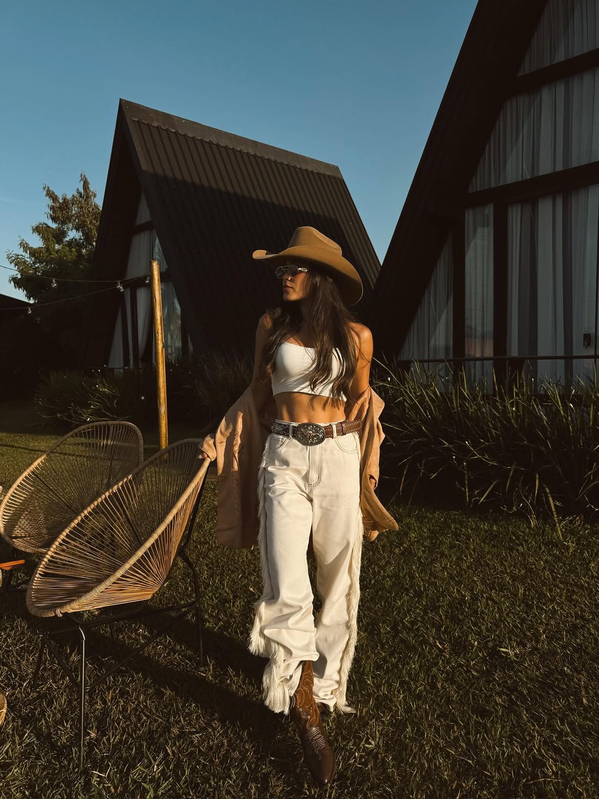 Fringe Denim With Cowboy Boots And Hat