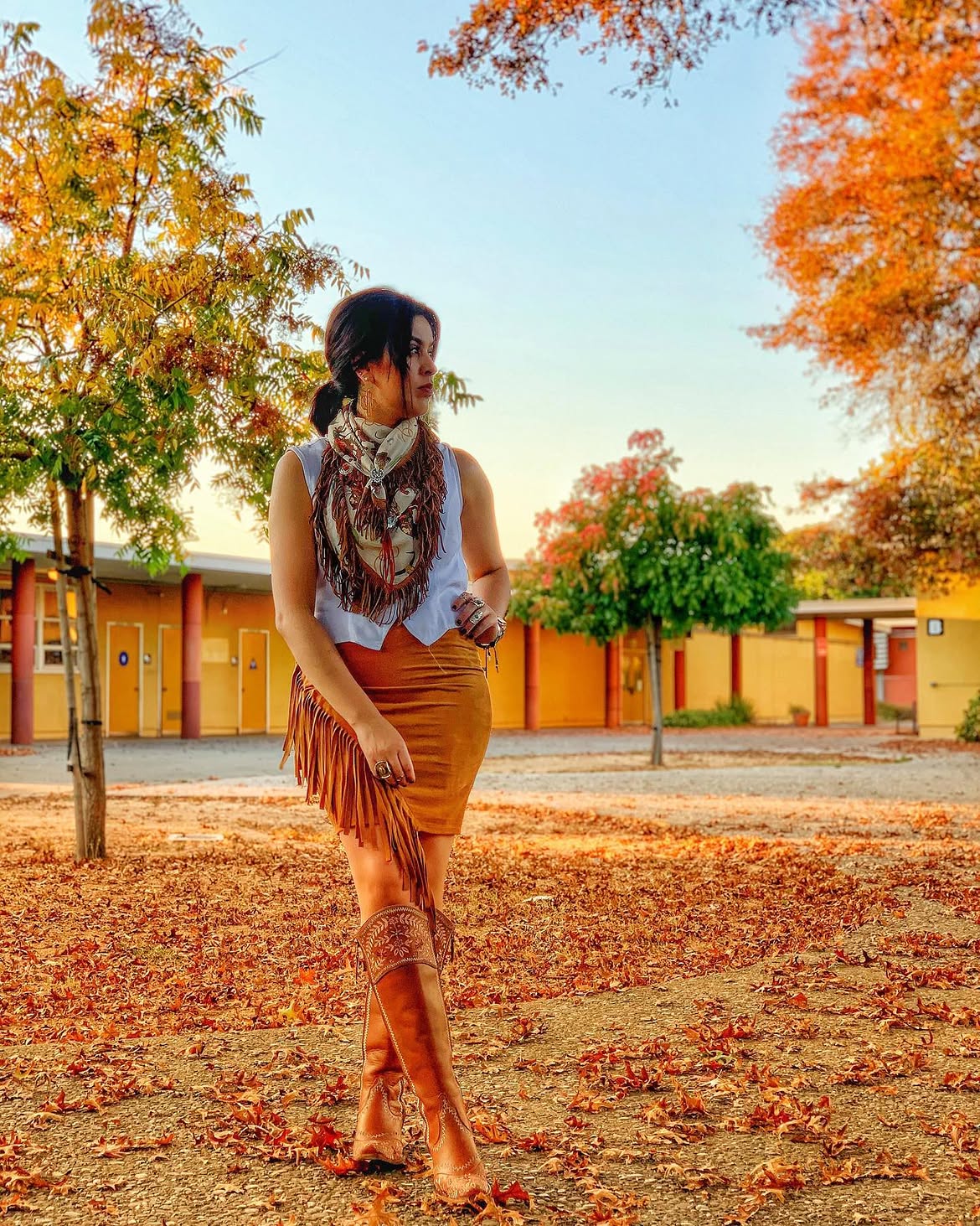 Fringe Skirt And Cowboy Boots Western Fall Vibe