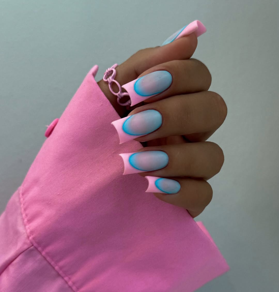 Frosted Blue Ombré French Tips with Pink Outline