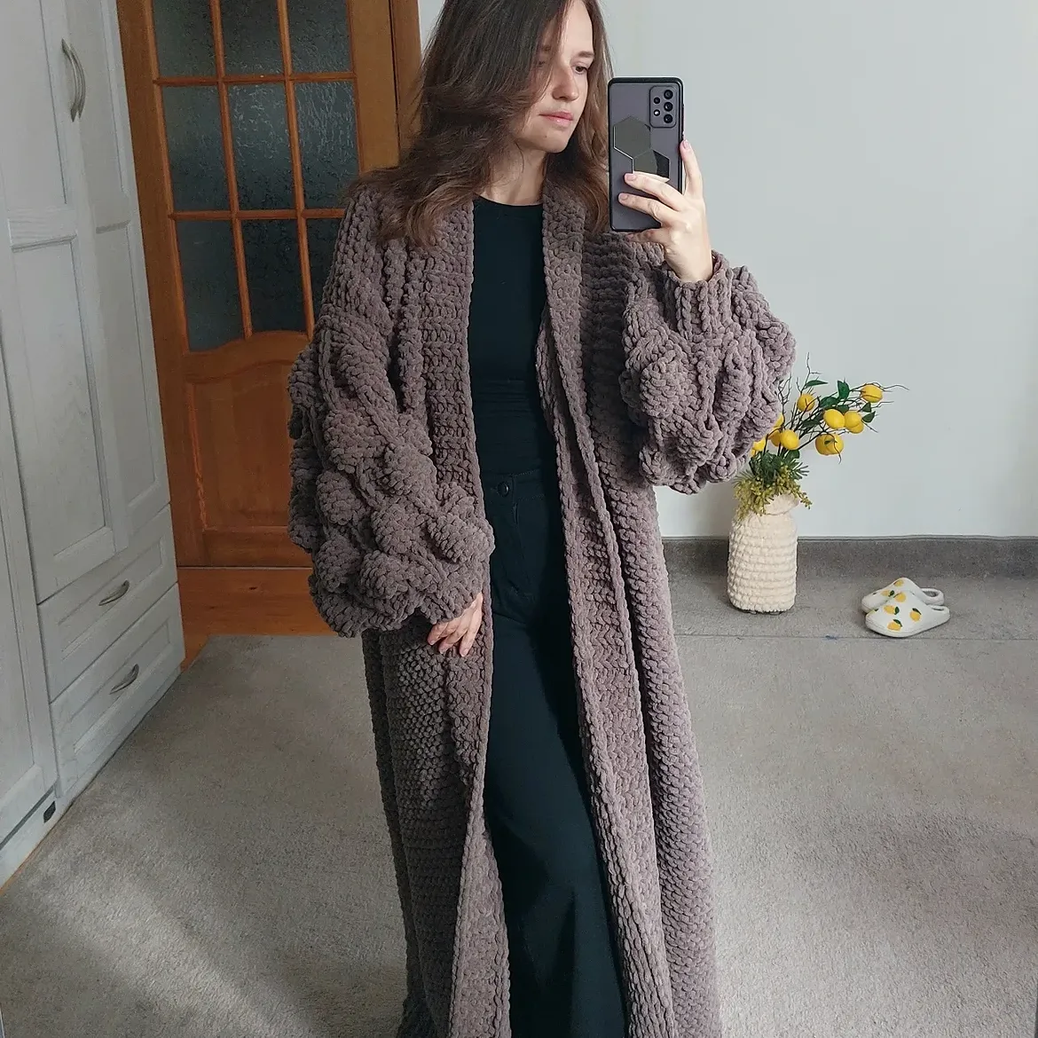 Full Length Textured Cardigan With Black Trousers