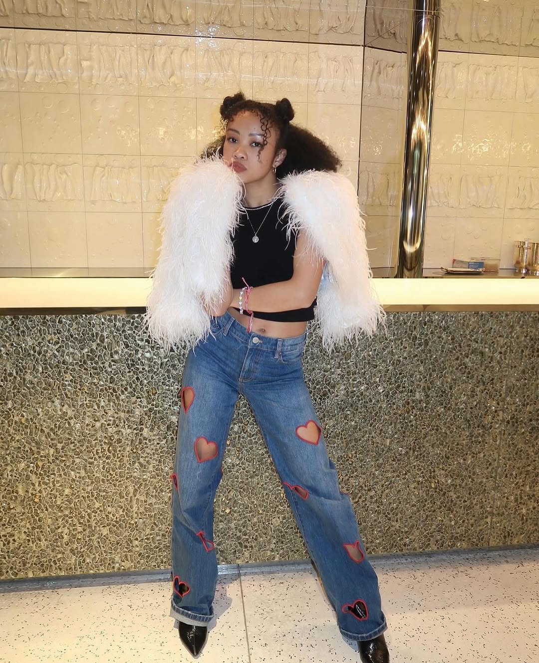 Fuzzy White Jacket And Heart Cutout Jeans Outfit