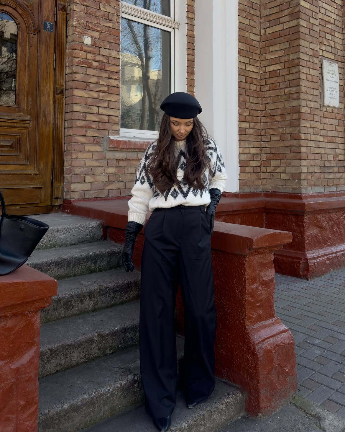 Geometric Knit Sweater With Black Wide Leg Trousers