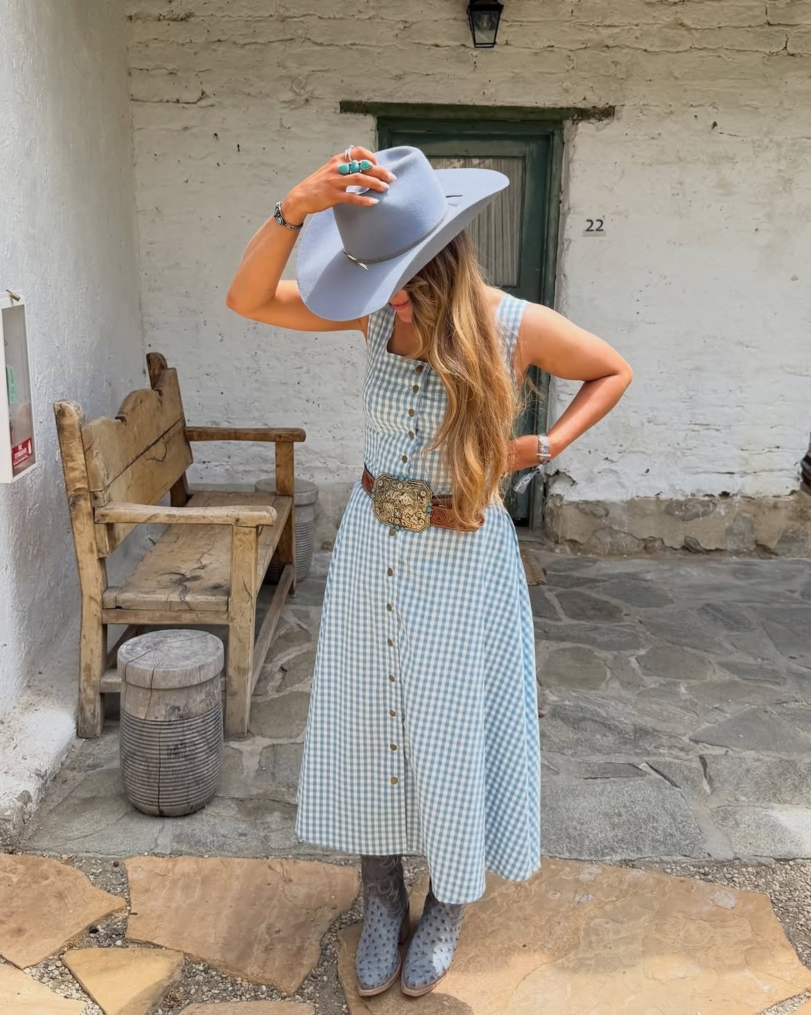 Gingham Prairie Dress With Cowboy Boots Outfit