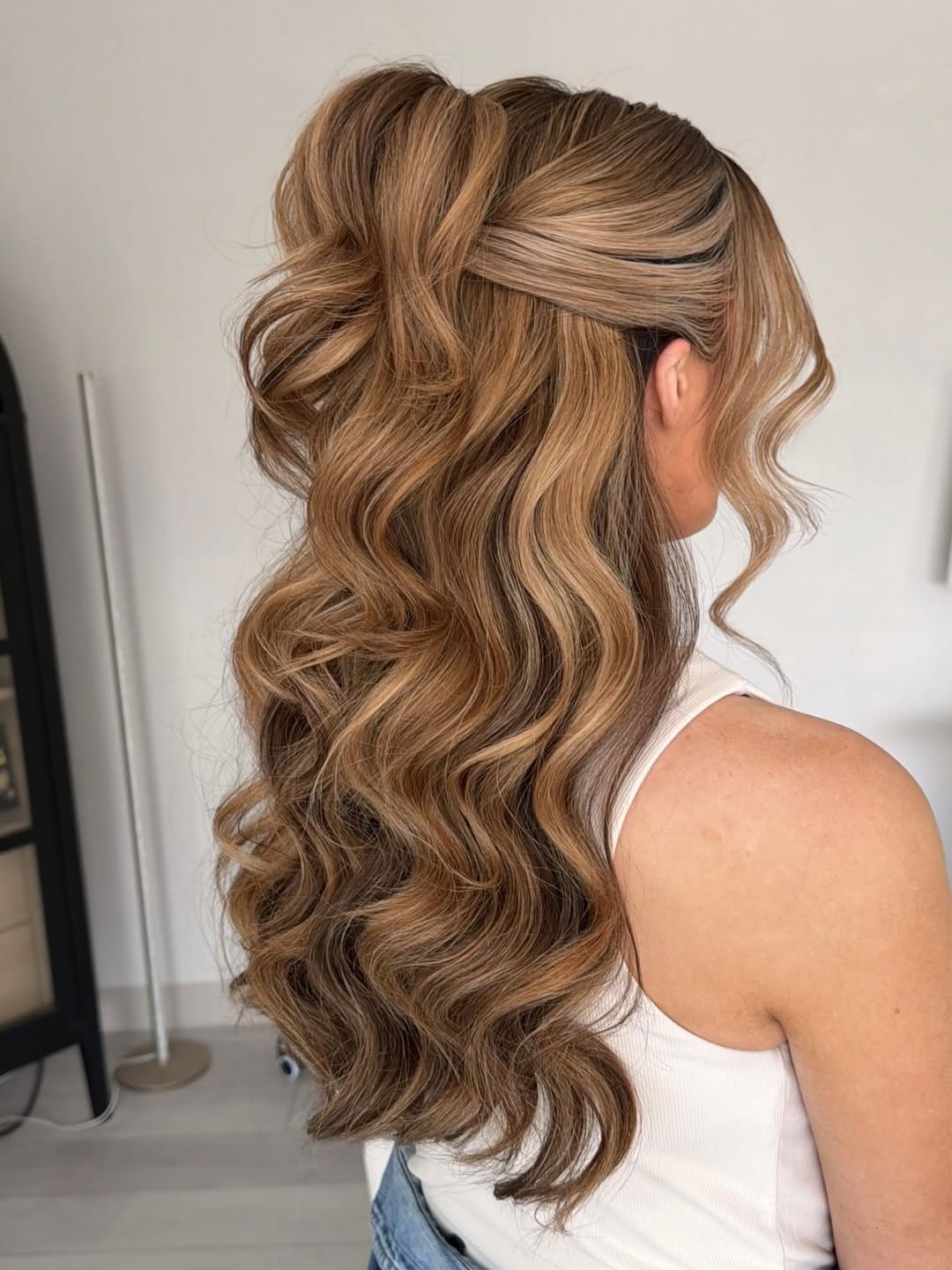 Glamorous Half-Up Waves With Honey Blonde Balayage