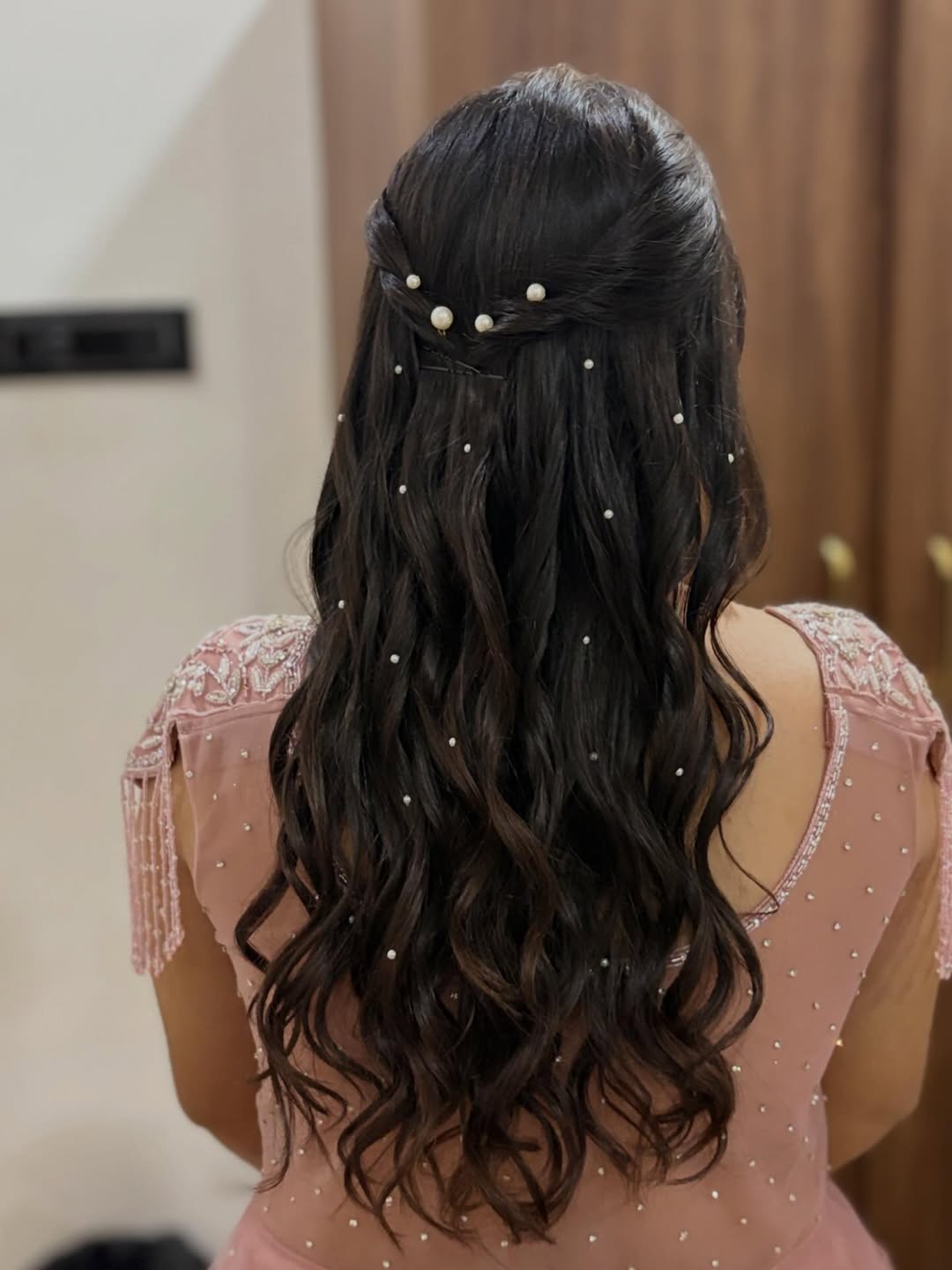 Glamorous Half Up Waves With Pearl Accents