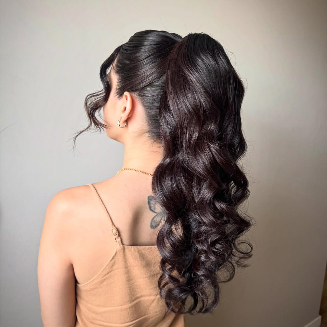 Glamorous High Ponytail Wavy Face Framing Strands