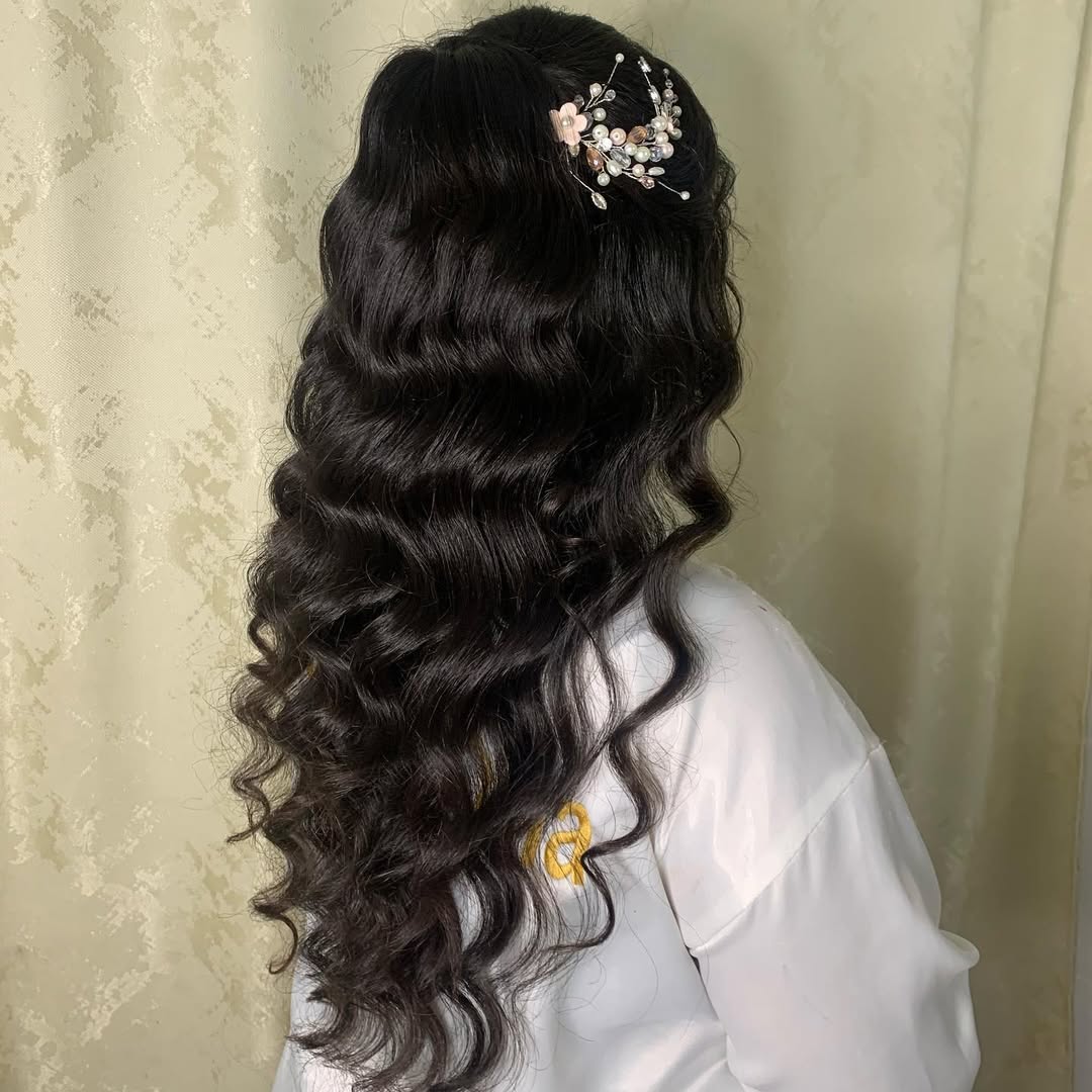 Glamorous Wavy Half-Updo With Bejeweled Accessory