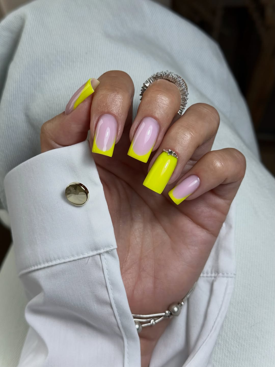 Glossy Bright Yellow French Tip Square Nails