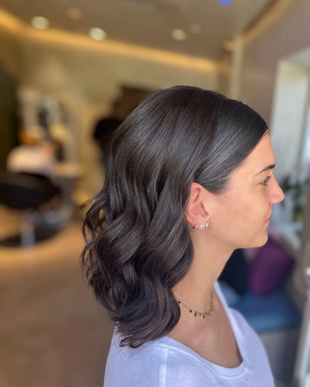 Glossy Dark Brown Wavy Short Angled Lob