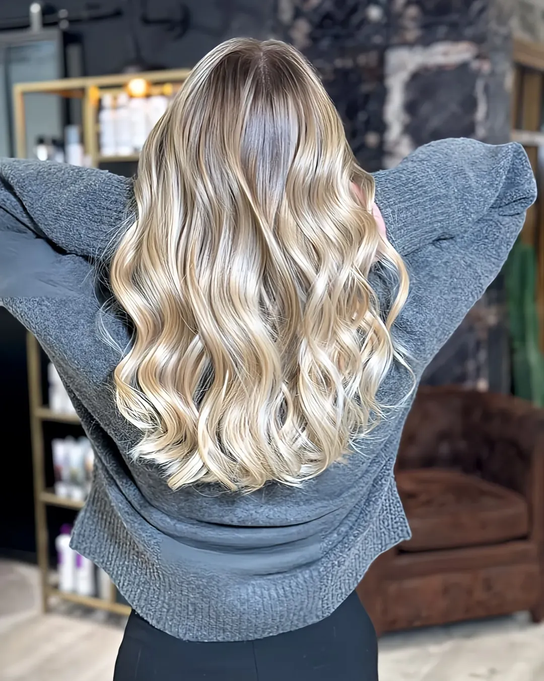 Golden Blonde Waves With Dark Shadow Root