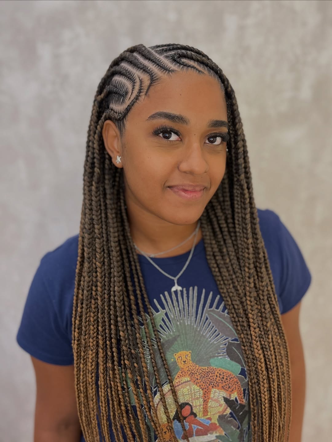 Golden Box Braids With Intricate Cornrow Design