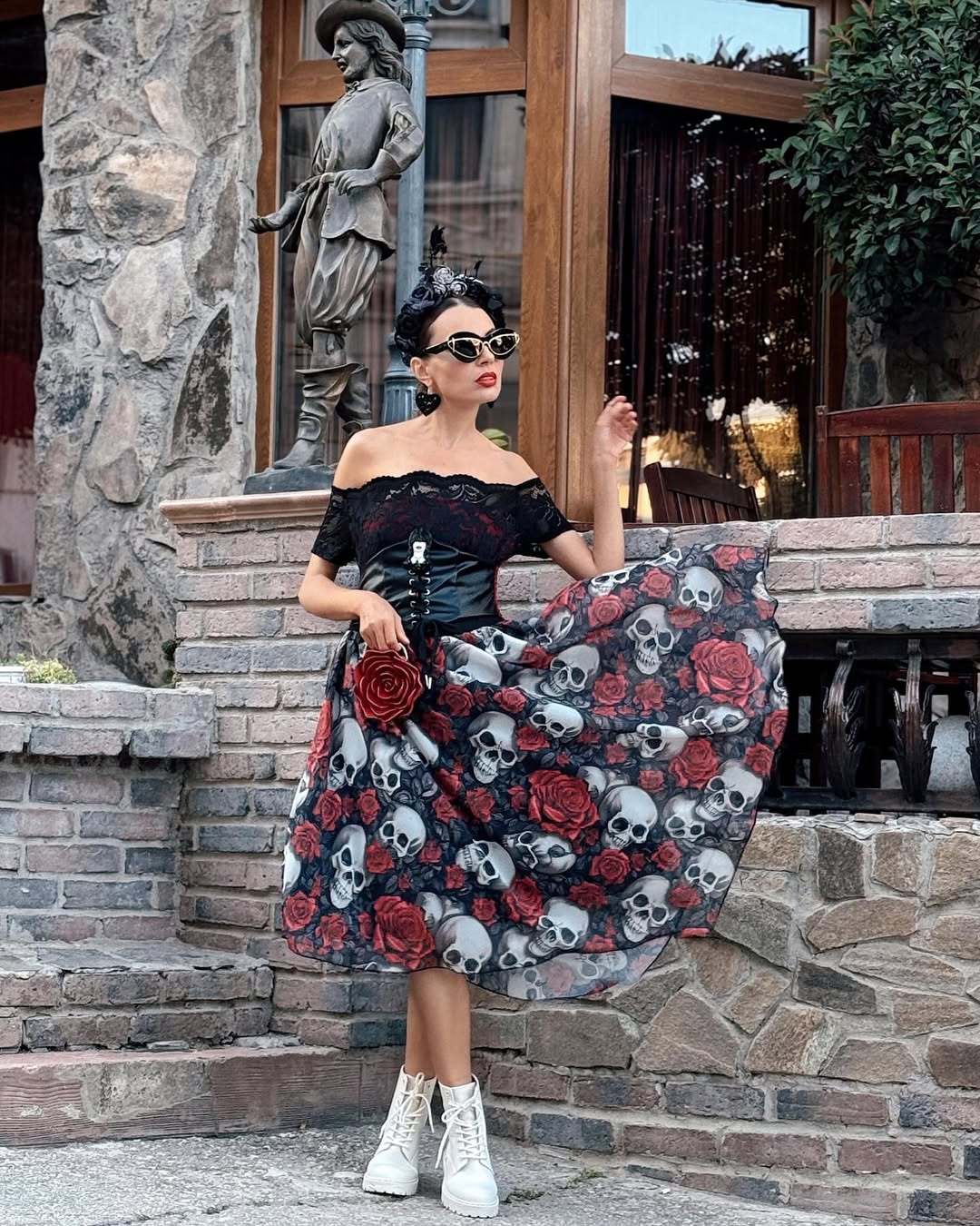 Gothic Skull Print Dress With Lace Top