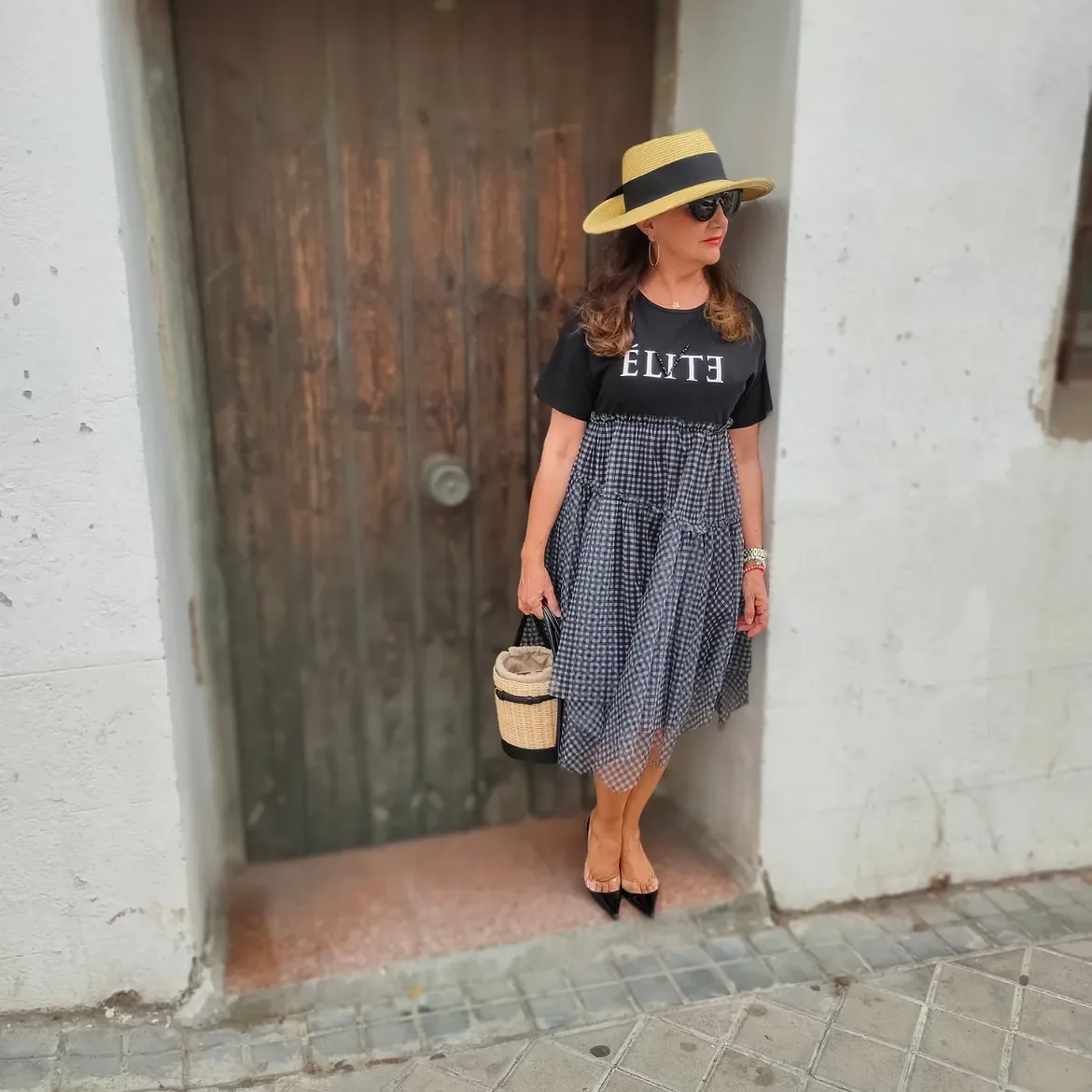Graphic Tee And Gingham Tiered Midi Dress Combo