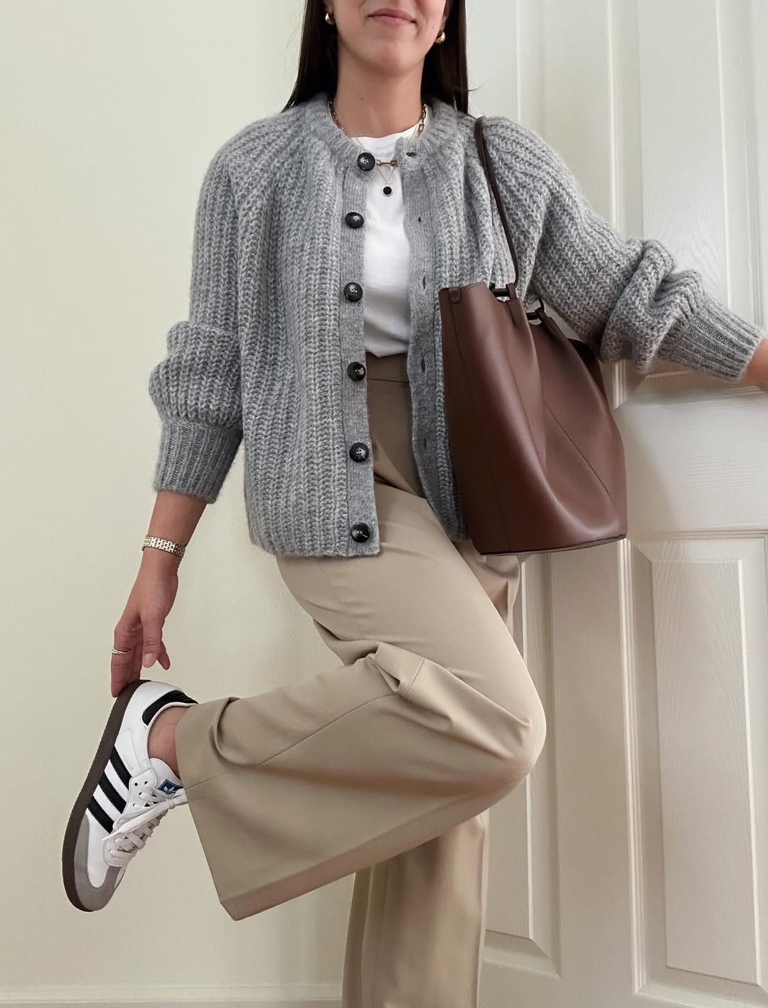 Gray Knit Cardigan With Beige Trousers Casual Look