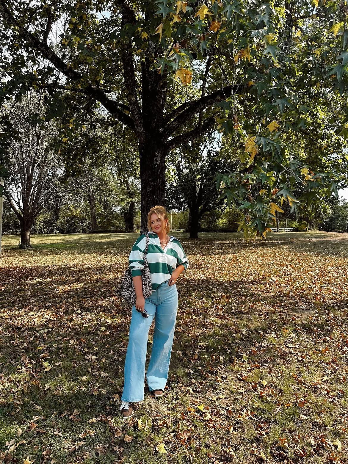 Green And White Striped Rugby Top With Wide Leg Jeans