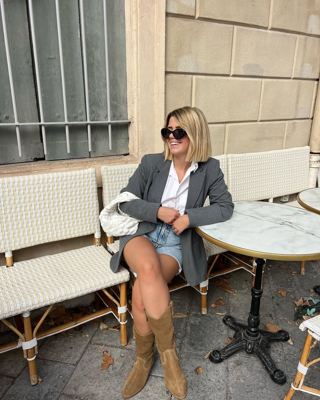 Grey Blazer With Denim Shorts And Suede Boots