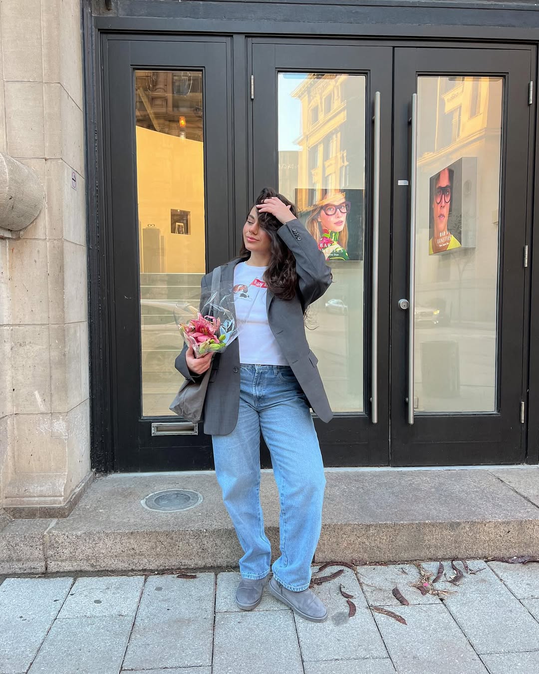Grey Blazer With Relaxed Blue Jeans and Grey Flats