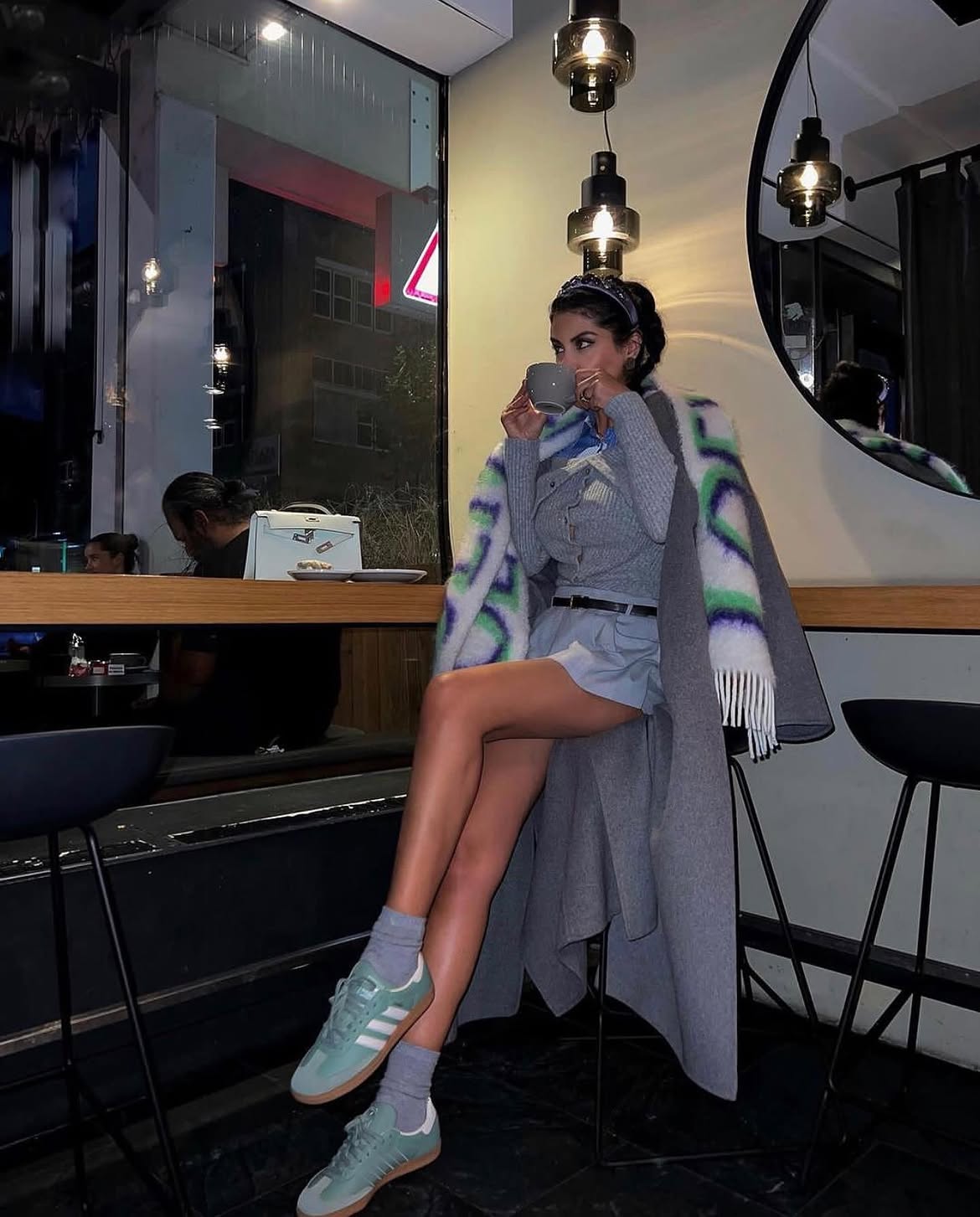 Grey Cardigan Set With Pastel Sneakers