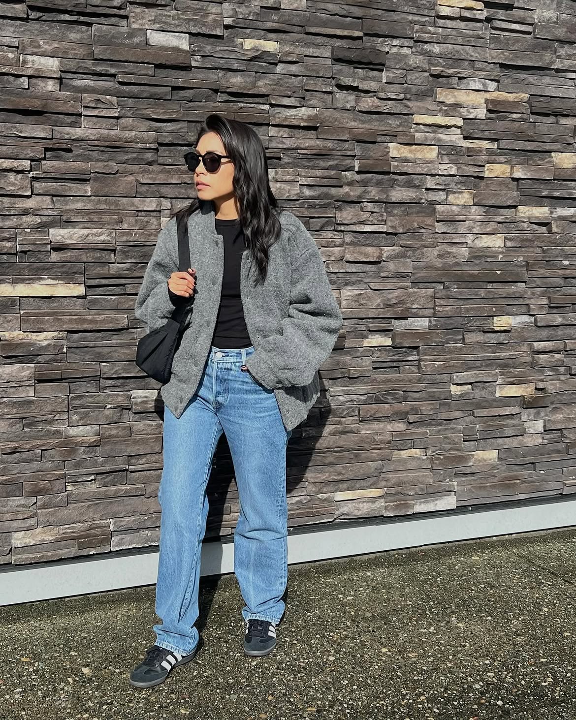 Grey Knit Bomber With Relaxed Denim and Sneakers