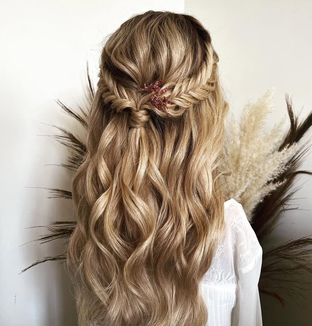 Half Up Braided Crown With Beachy Waves Blonde