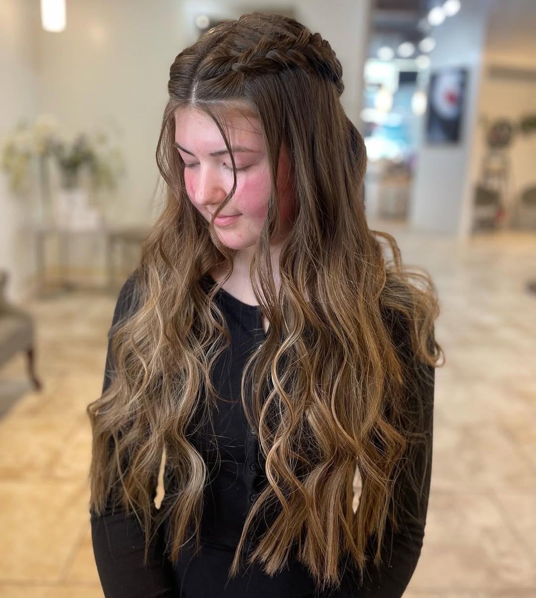 Half-Up Braided Crown With Wavy Honey Highlights