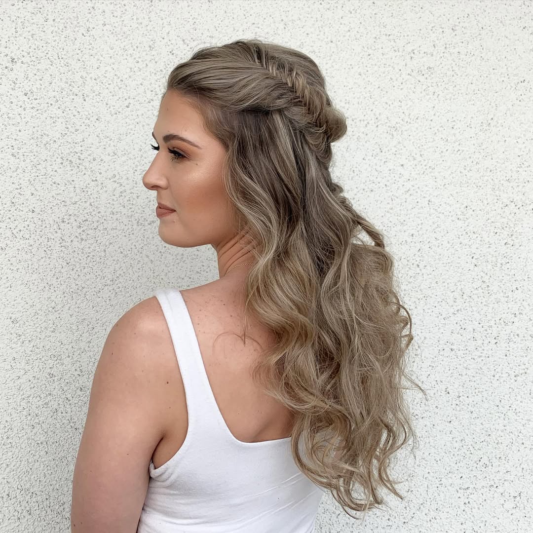 Half-Up Fishtail Braid With Wavy Ash Blonde Hair