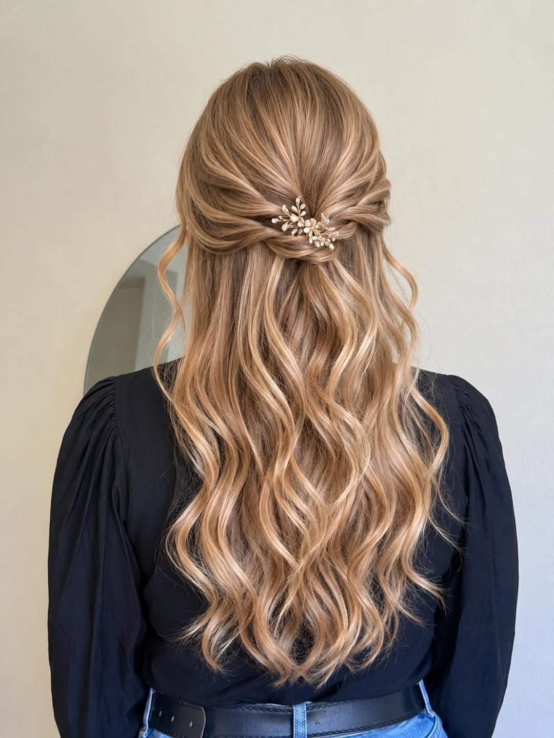 Half-Up Honey Blonde Waves With Embellished Pin