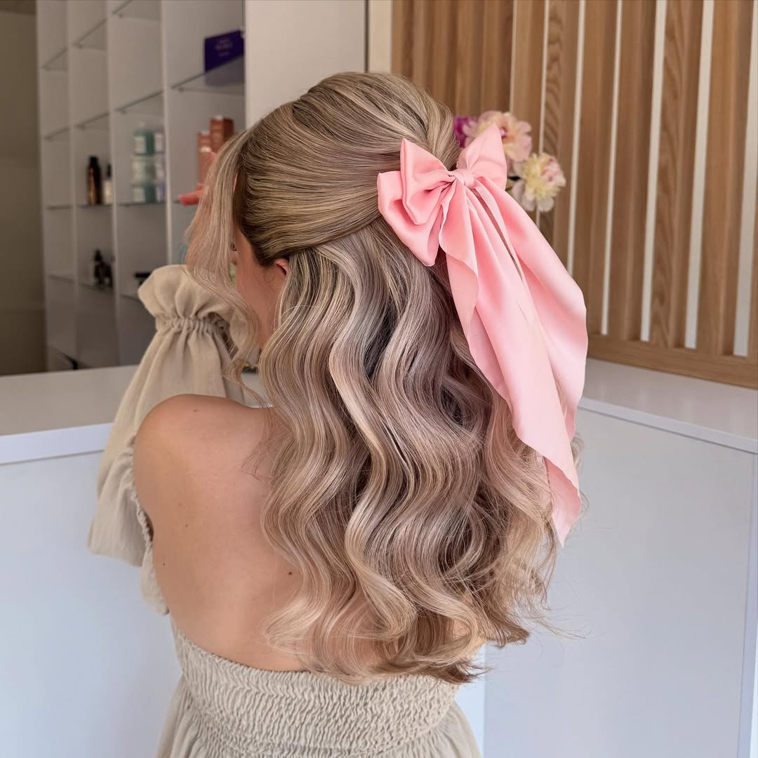 Half Up Sweetheart Style With Pink Ribbon