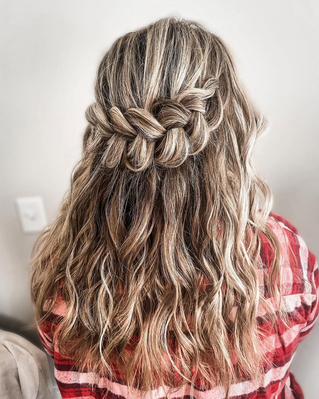 Half-Up Waterfall Braid Wavy Blonde Hair