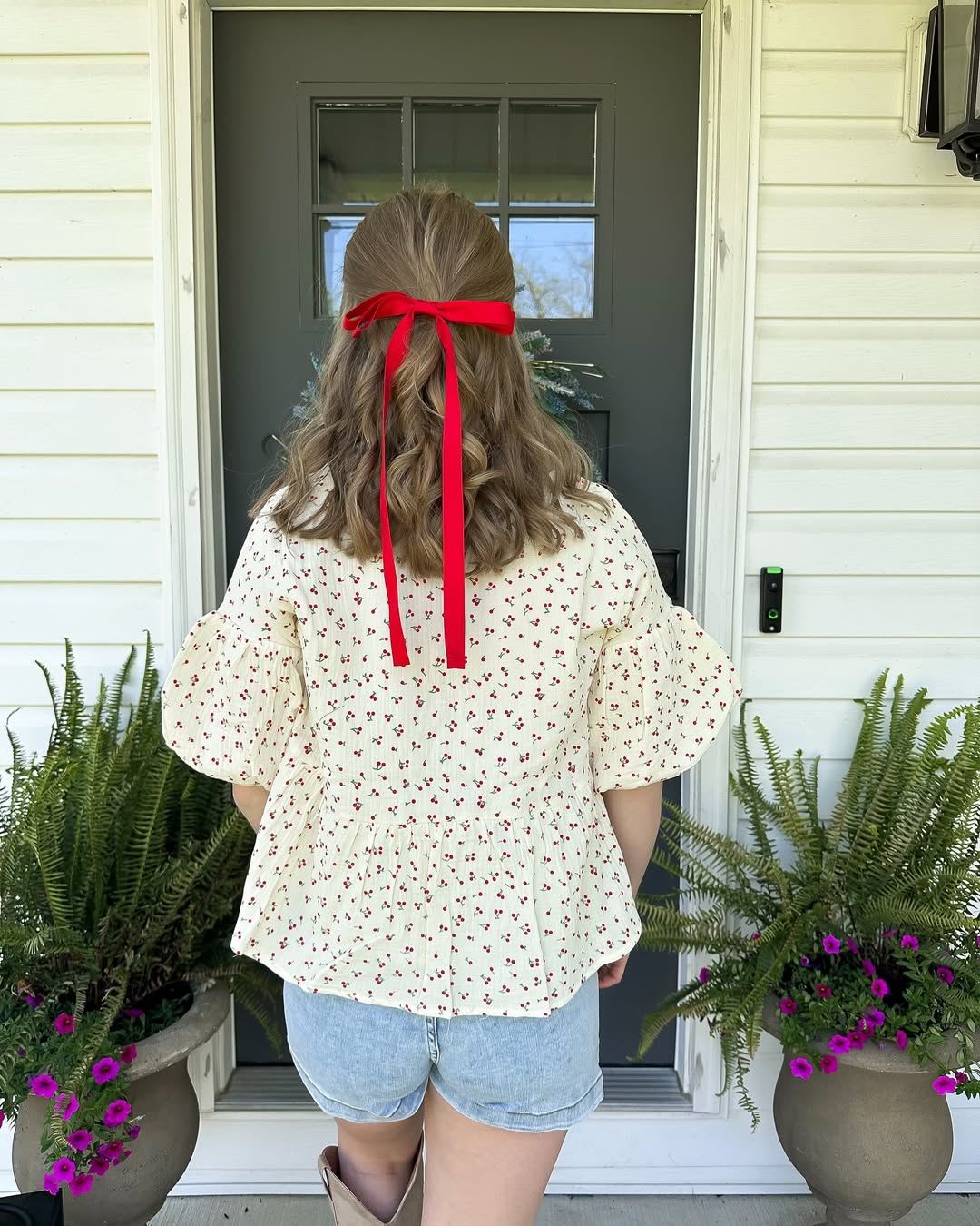 Half-Up Waves With Red Bow Accent