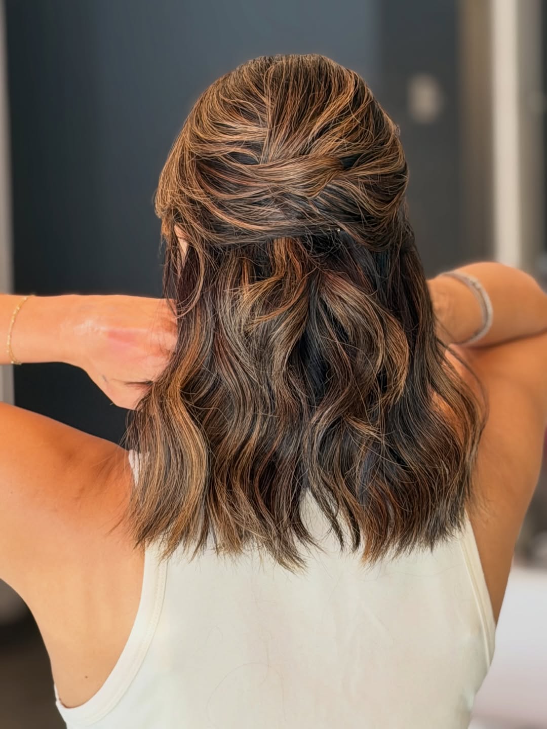 Half-Up Wavy Bob With Lived-In Brunette Highlights