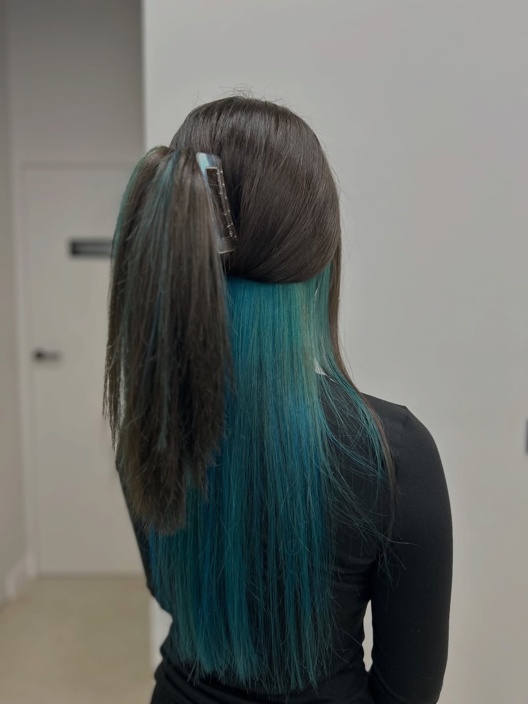 Hidden Teal Peekaboo Panel With High Ponytail