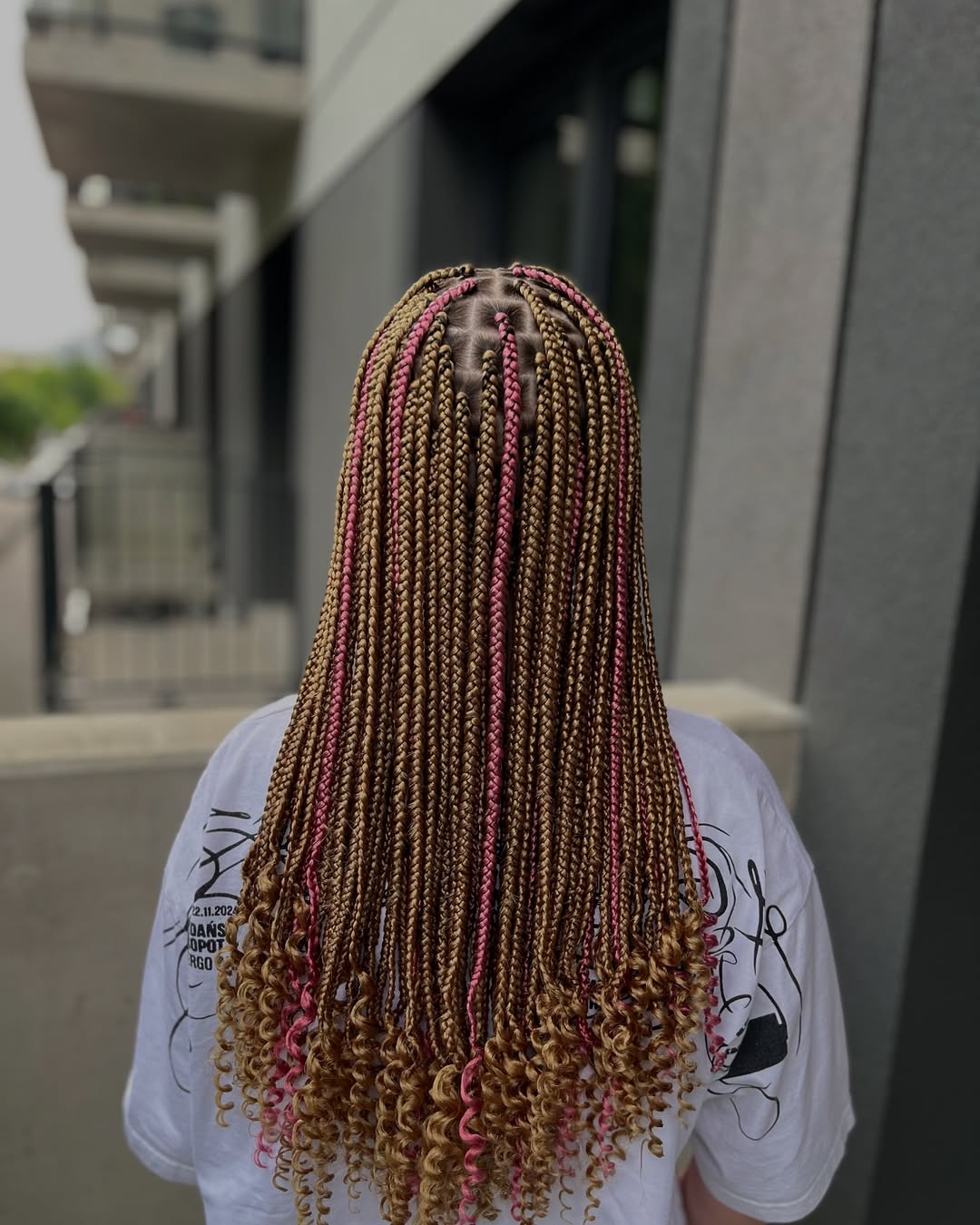 Honey Blonde and Pink Box Braids with Curly Ends