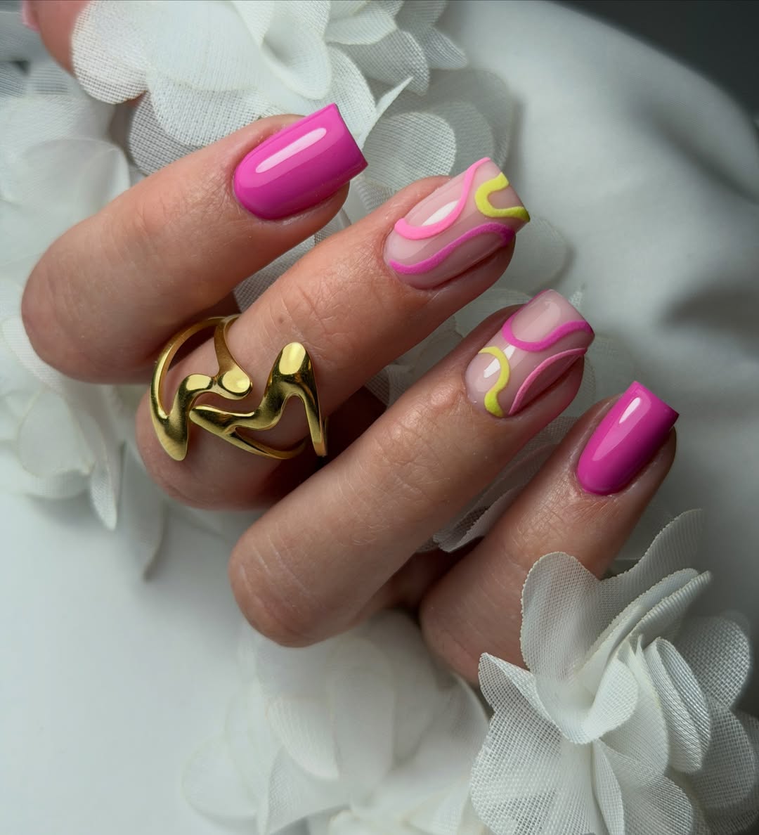 Hot Pink and Neon Swirl Abstract Square Nails