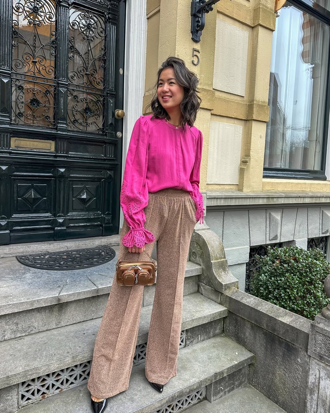 Hot Pink Blouse With Sparkly Wide-Leg Pants Look
