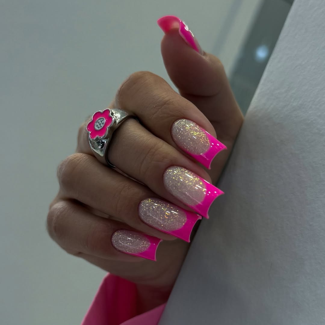 Hot Pink Glitter French Tips XL Square