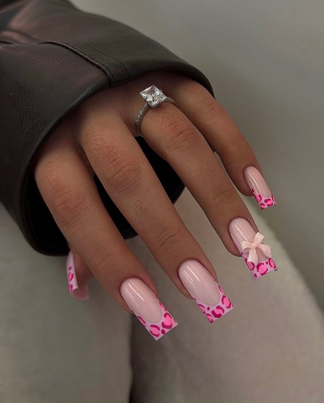Hot Pink Leopard Print French Tips with Bow