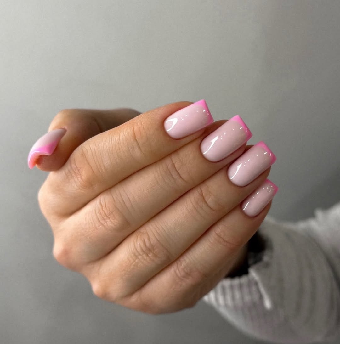 Hot Pink Square French Tips on Milky Pink Base