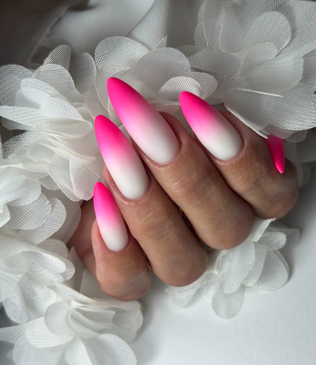 Hot Pink To White Ombré Stiletto Nails