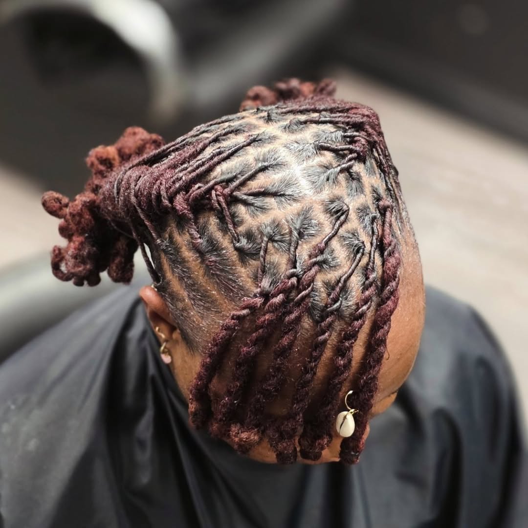 Interlocking Locs Faux Bun Burgundy Twist