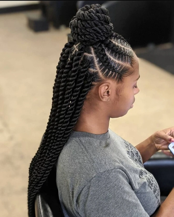 Intertwined Cornrows And Jumbo Twist Updo