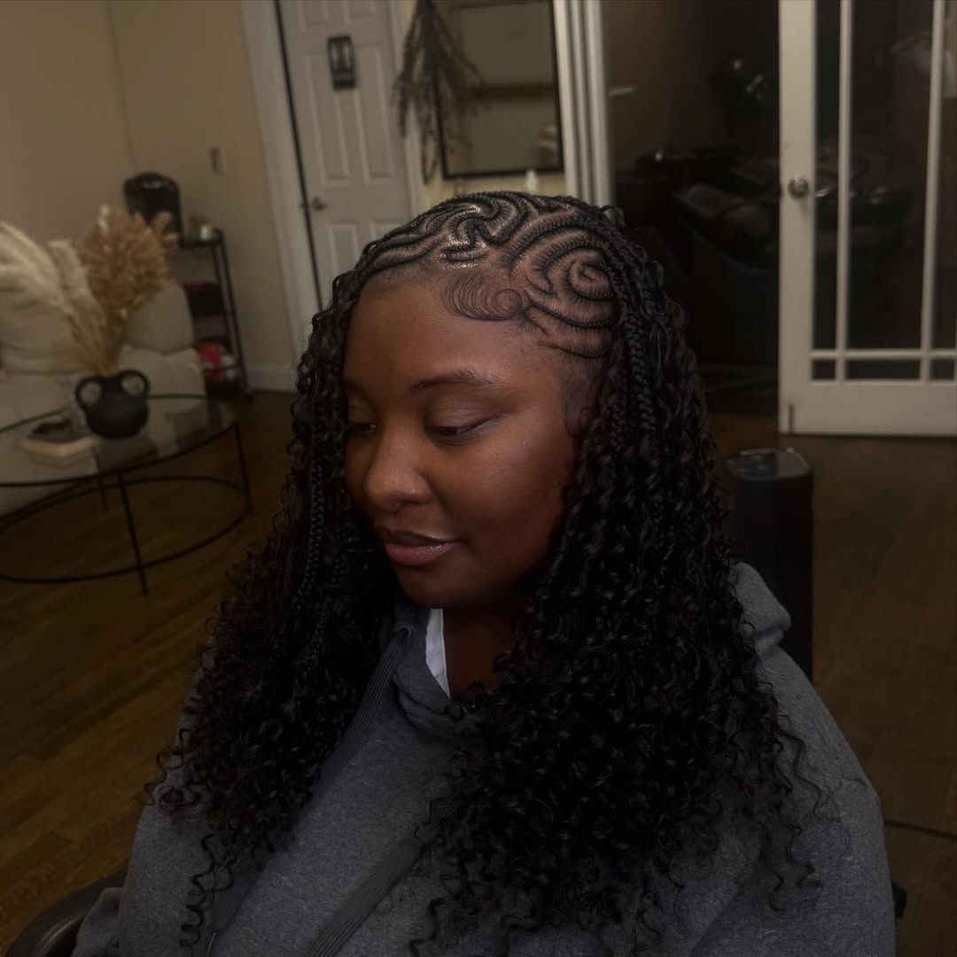 Intricate Custom Cornrows With Curly Fulani Braids