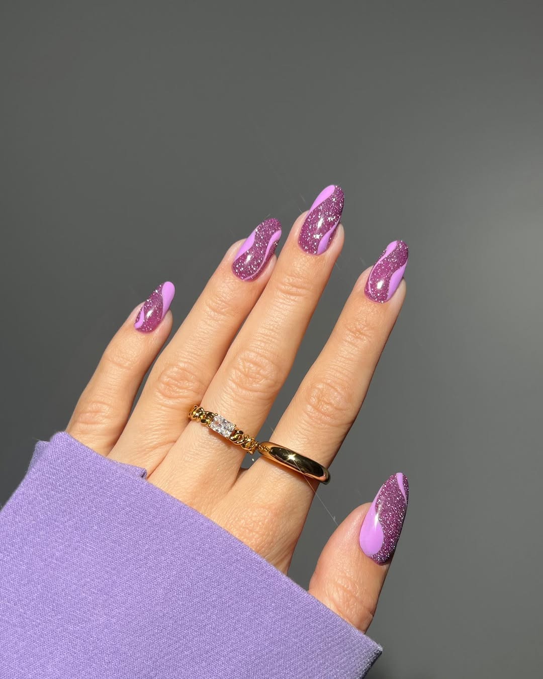 Lavender Shimmer Swirl Almond Nails