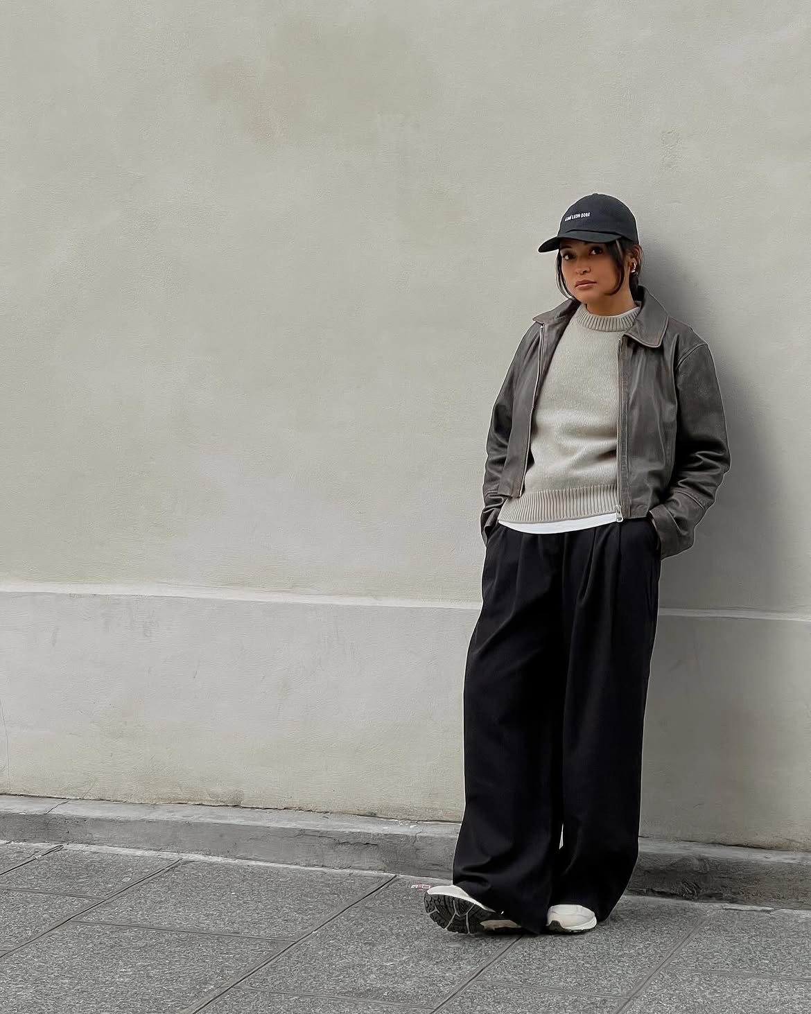 Leather Bomber, Knit Sweater, and Wide-Leg Trousers