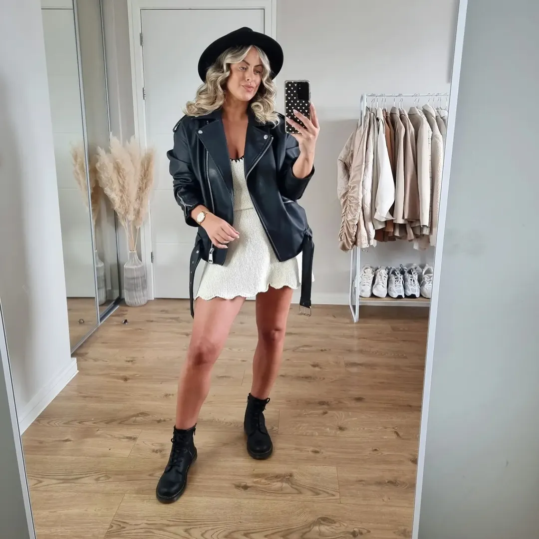 Leather Moto Jacket Over Crochet Mini Dress Look