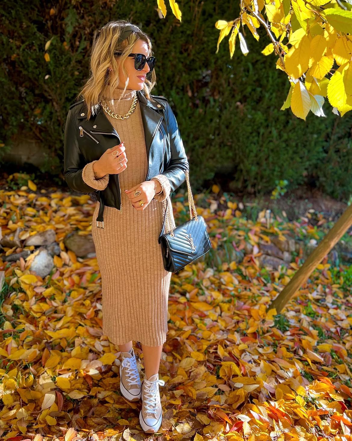 Leather Moto Jacket Over Ribbed Knit Midi Dress