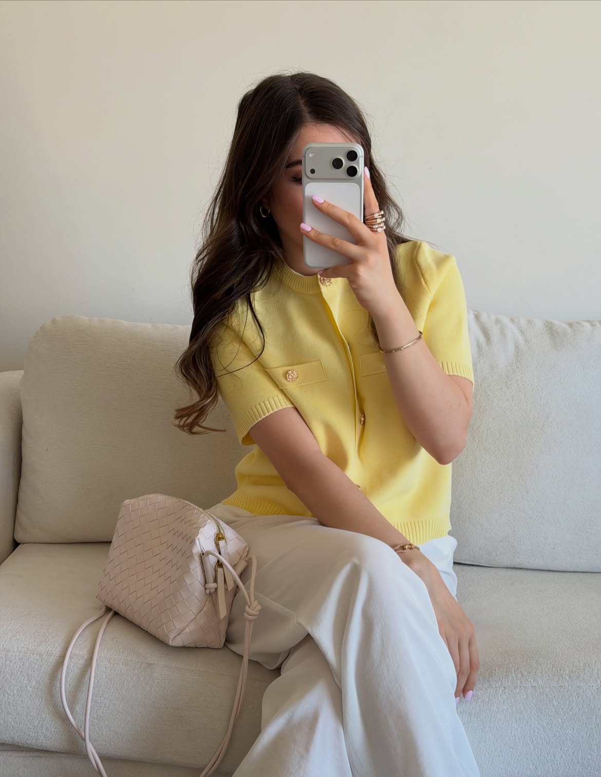 Lemon Yellow Cardigan With Wide Leg White Trousers