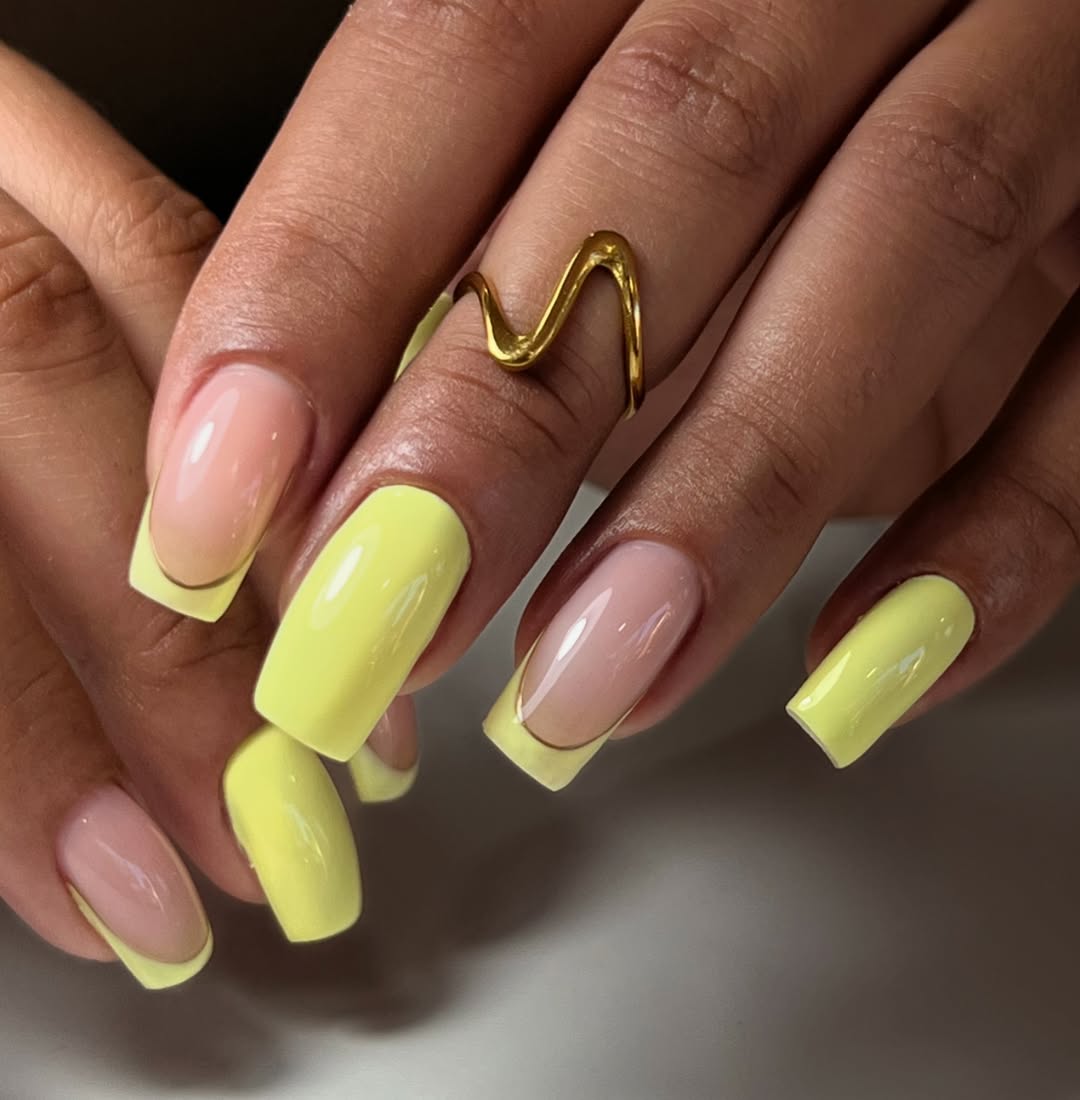Lemon Yellow French & Solid Glossy Nails