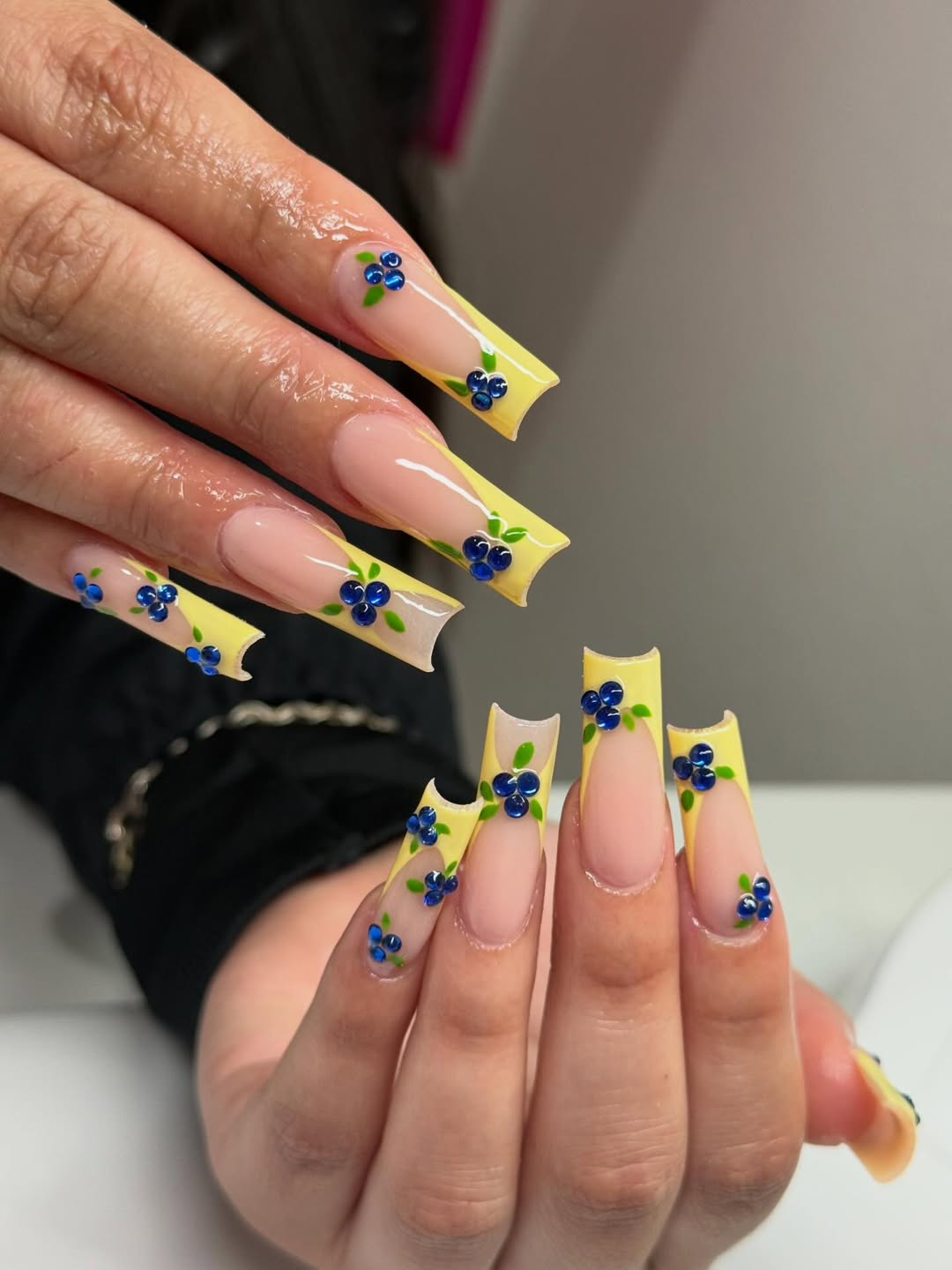 Lemon Yellow French Tips with 3D Blueberry Art