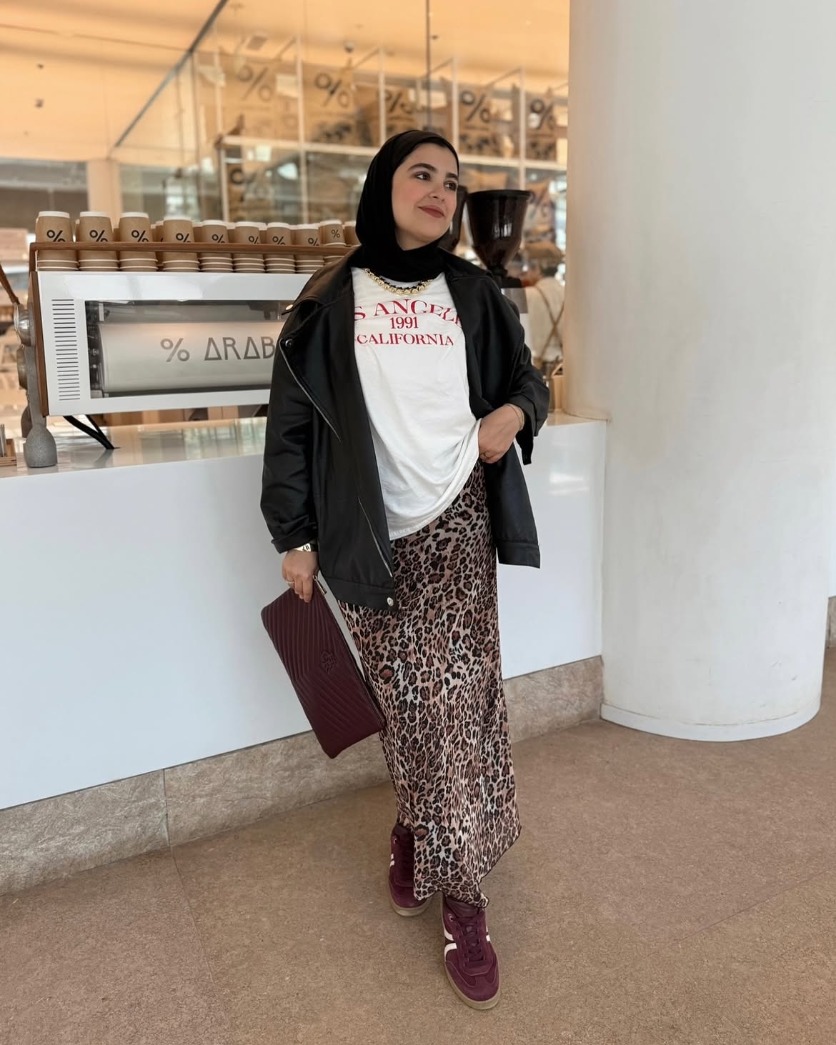 Leopard Maxi Skirt With Graphic Tee And Leather Jacket